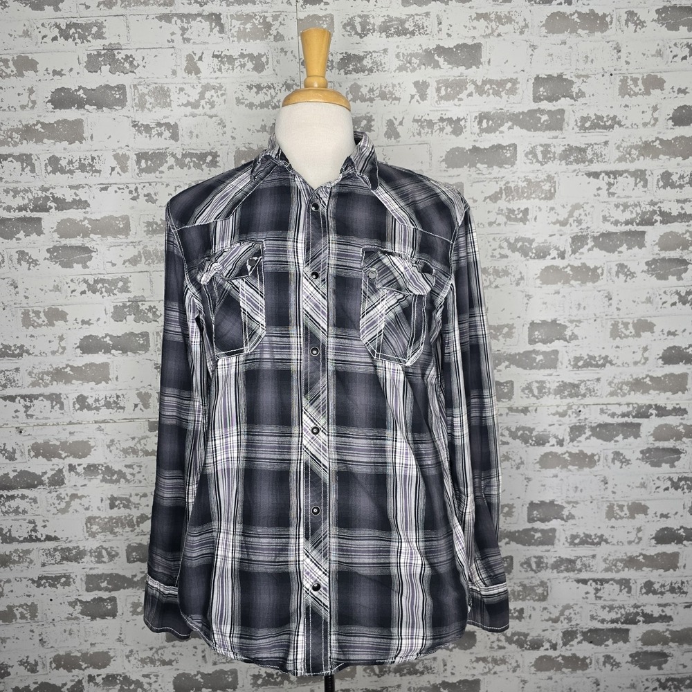 BKE Buckle Mens Plaid Athletic Fit Pearl Snap Button Long Sleeved Shirt Large